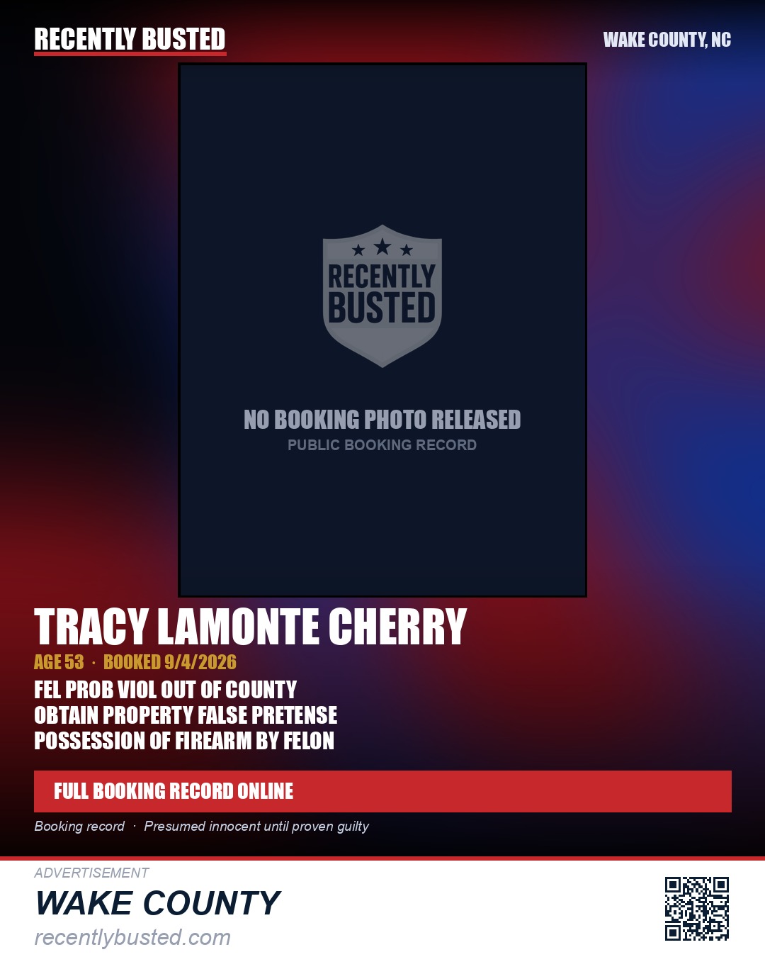 TRACY LAMONTE CHERRY — arrest record card, Wake County, North Carolina