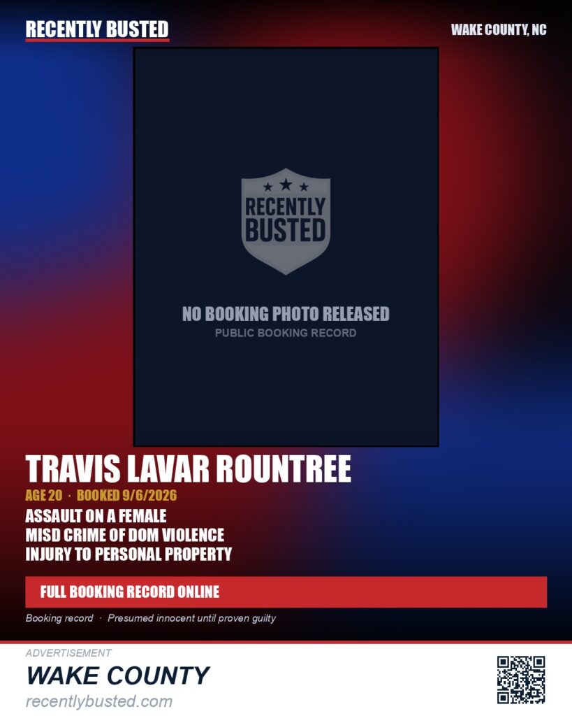 TRAVIS LAVAR ROUNTREE — arrest record card, Wake County, North Carolina