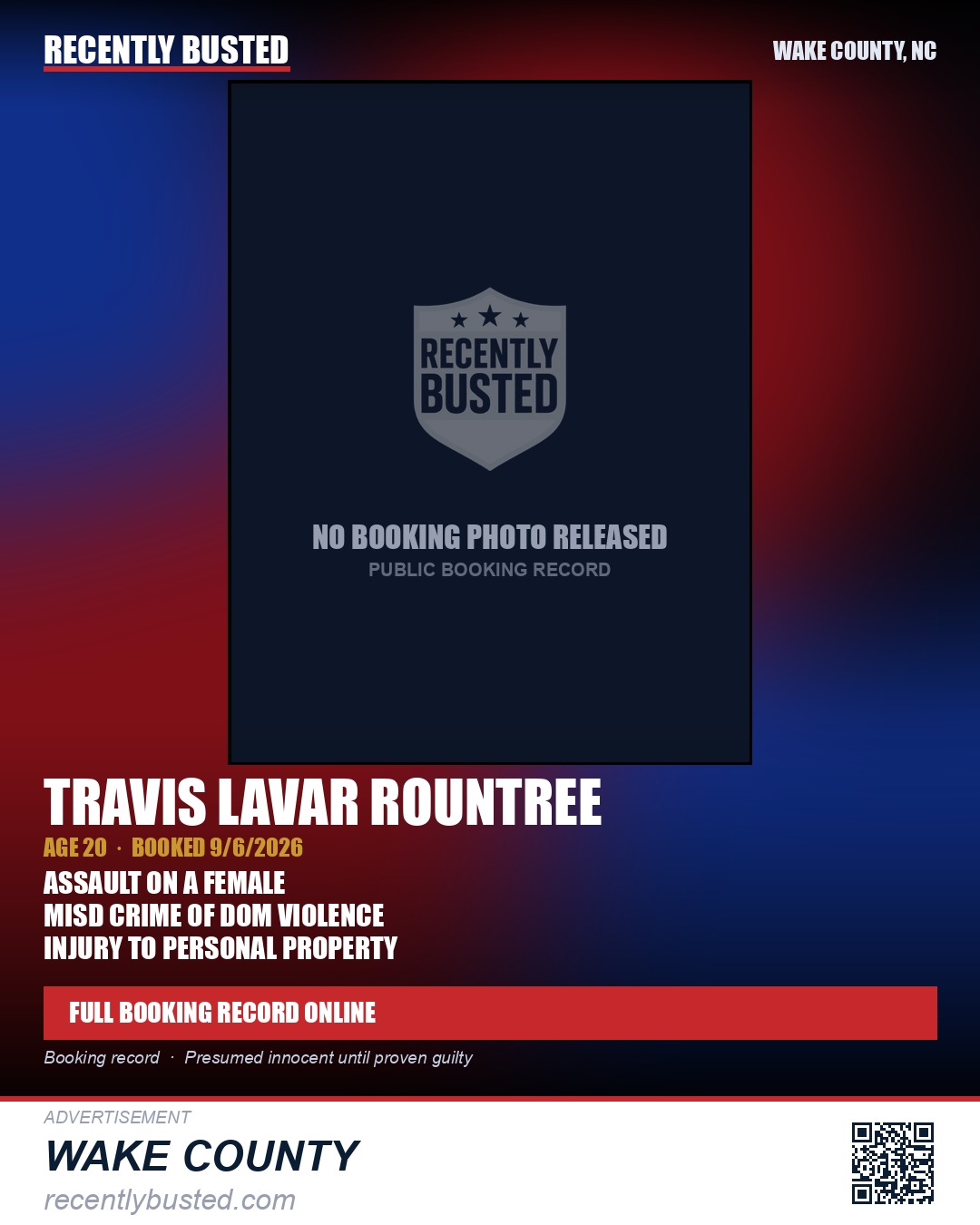 TRAVIS LAVAR ROUNTREE — arrest record card, Wake County, North Carolina