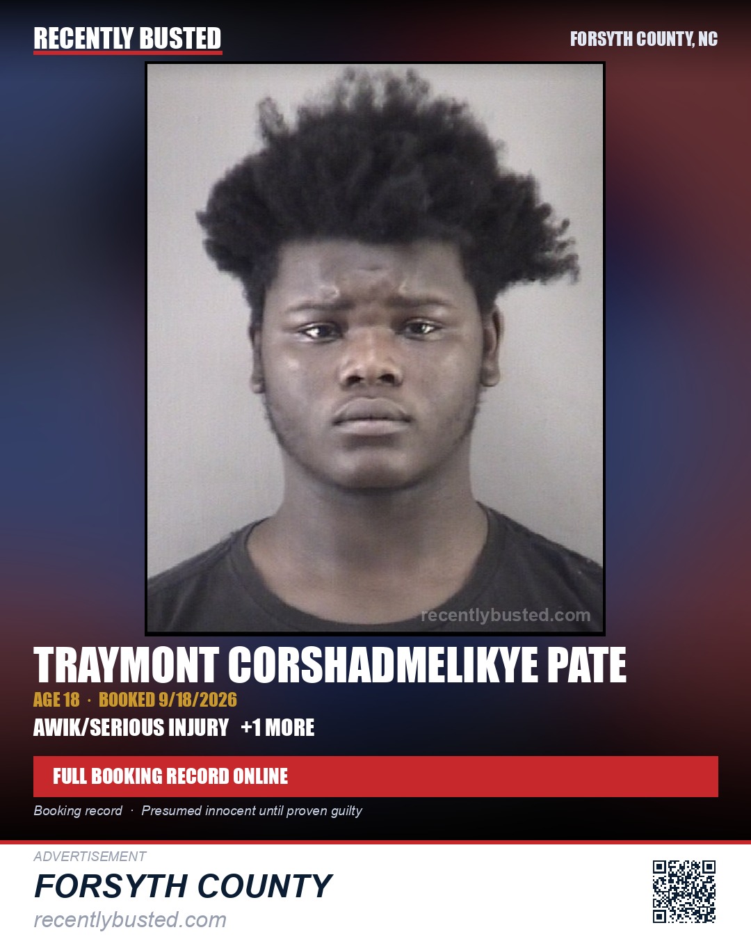 TRAYMONT CORSHADMELIKYE PATE — arrest record card, Forsyth County, North Carolina