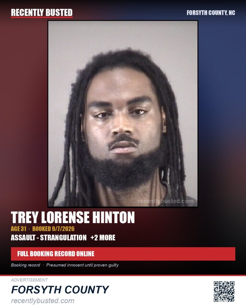 TREY LORENSE HINTON — arrest record card, Forsyth County, North Carolina