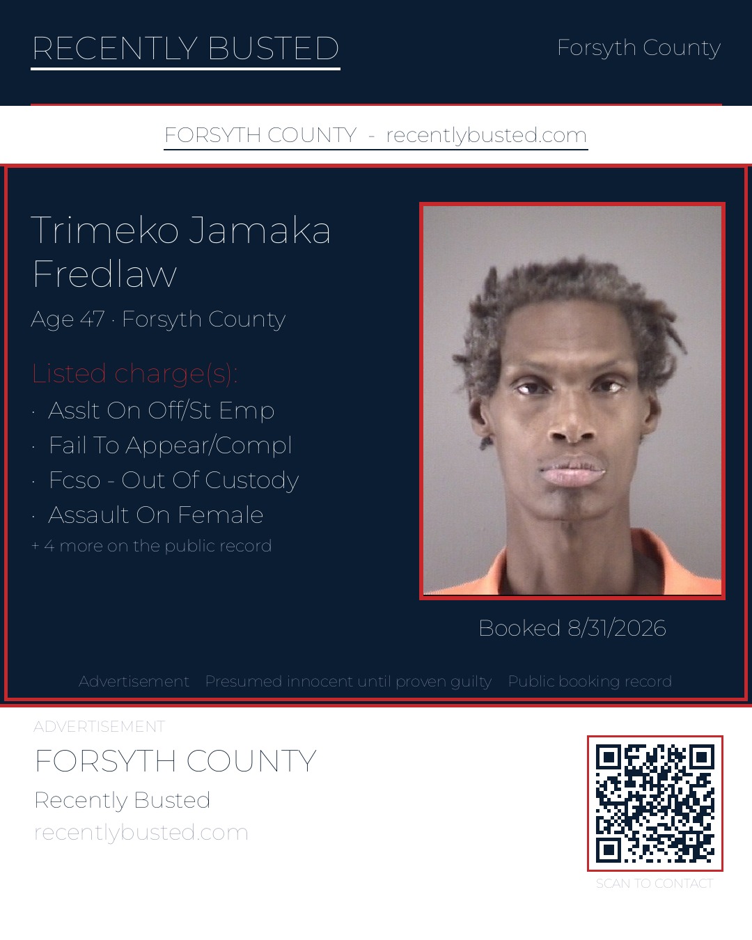 TRIMEKO JAMAKA FREDLAW — arrest record card, Forsyth County, North Carolina