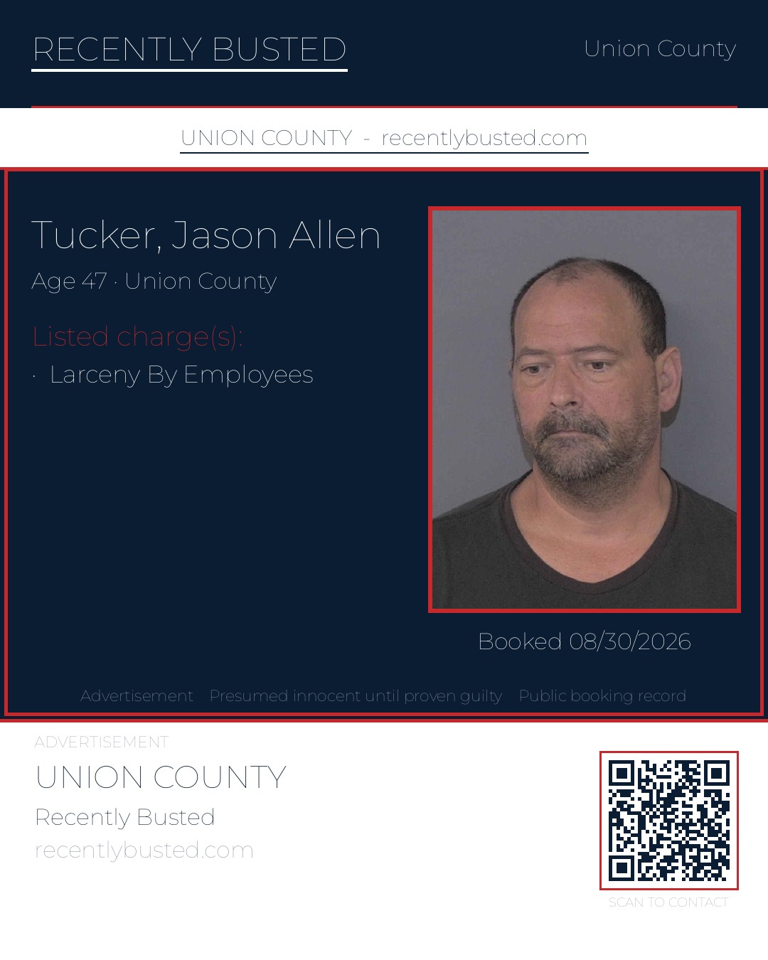 TUCKER, JASON ALLEN — arrest record card, Union County, North Carolina