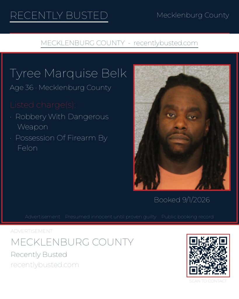 TYREE MARQUISE BELK — arrest record card, Mecklenburg County, North Carolina
