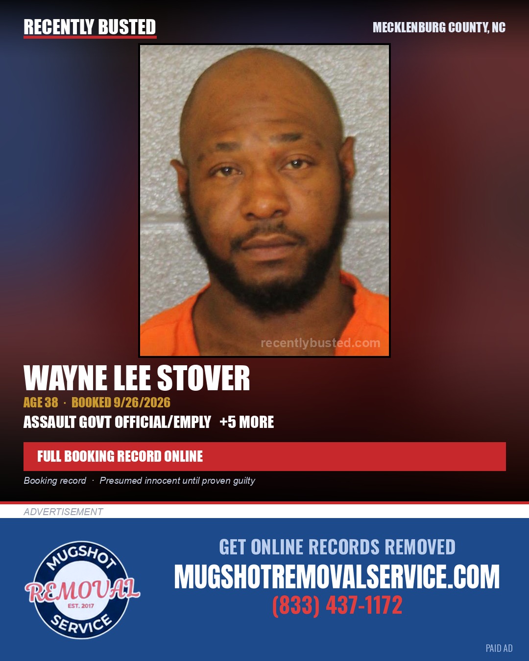 WAYNE LEE STOVER — arrest record card, Mecklenburg County, North Carolina