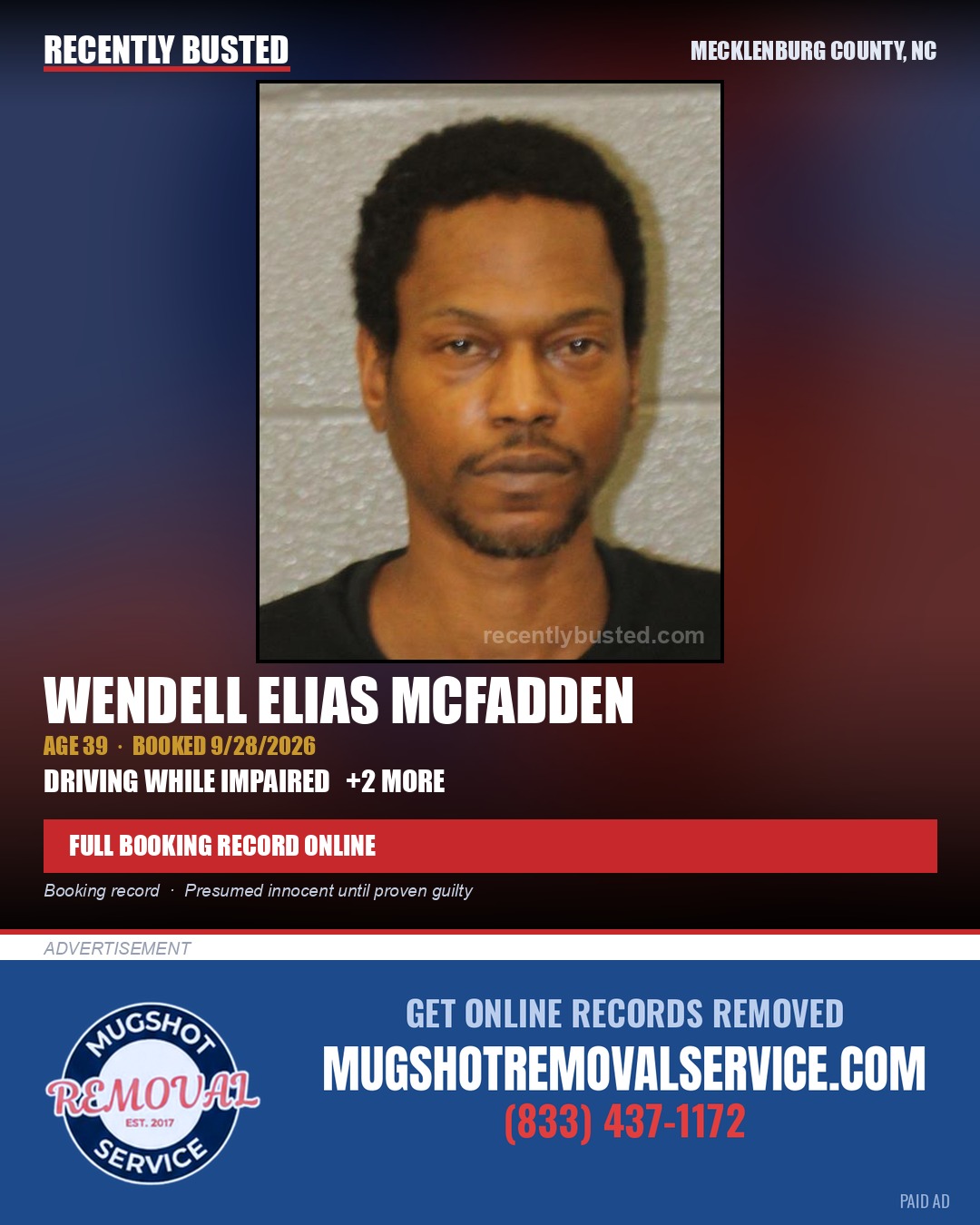 WENDELL ELIAS MCFADDEN — arrest record card, Mecklenburg County, North Carolina