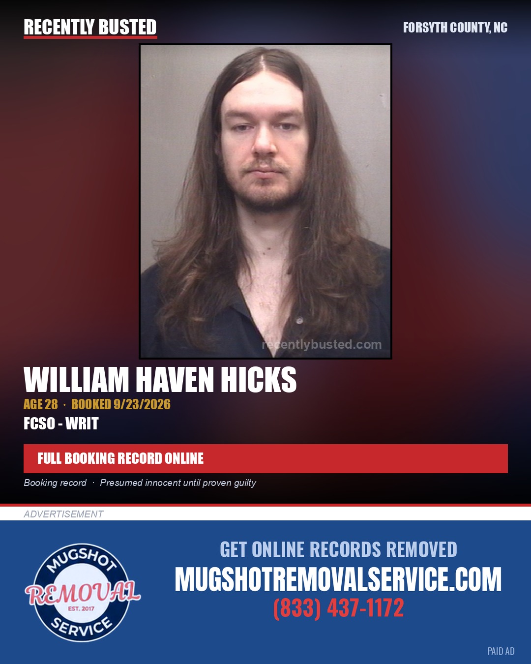 WILLIAM HAVEN HICKS — arrest record card, Forsyth County, North Carolina