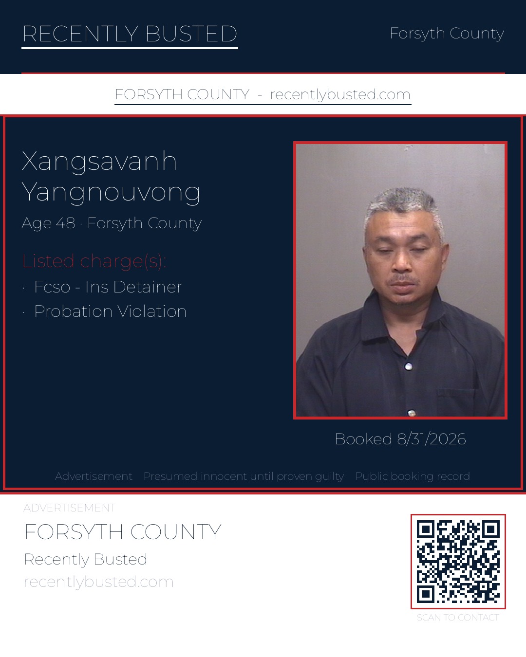 XANGSAVANH YANGNOUVONG — arrest record card, Forsyth County, North Carolina