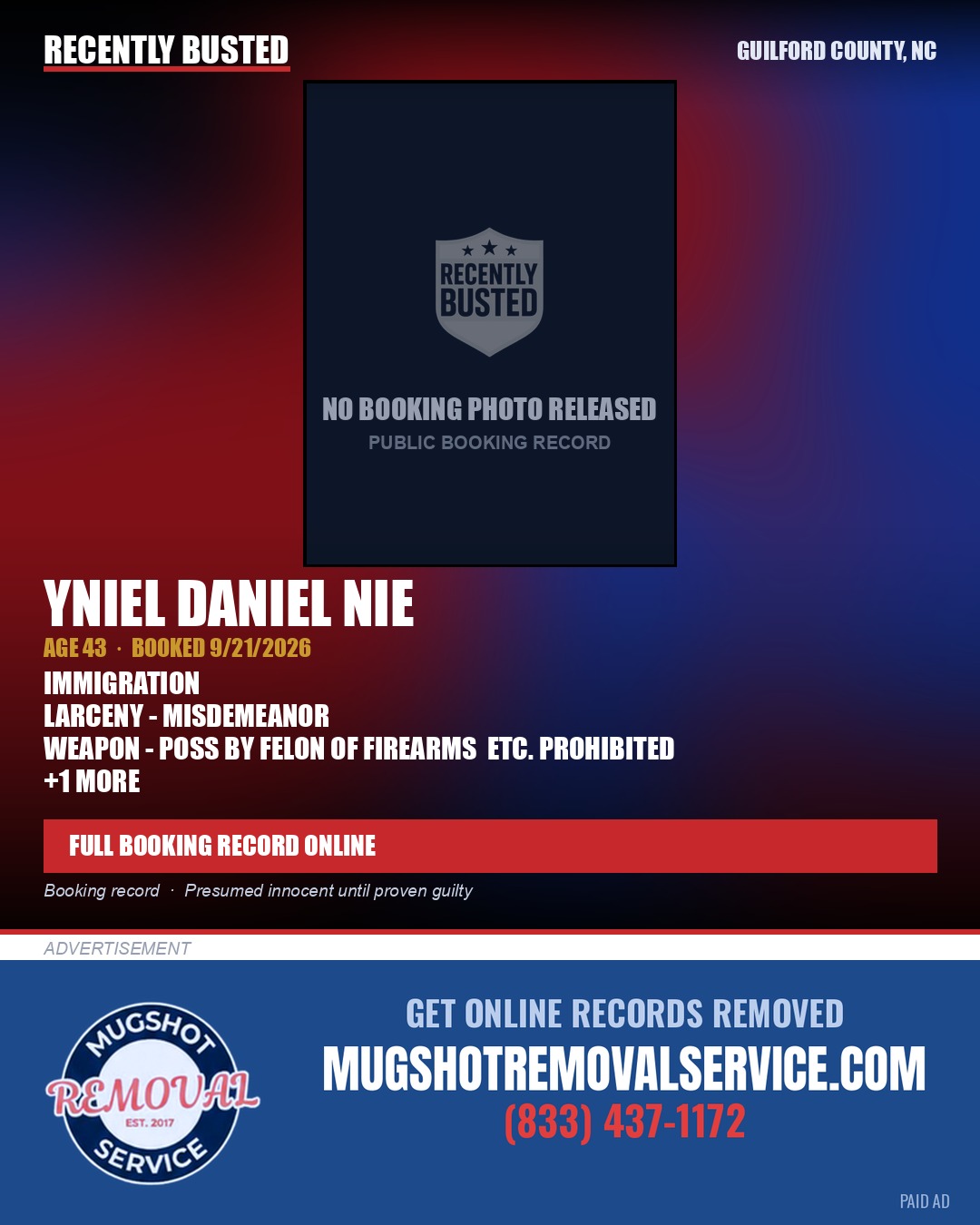 YNIEL DANIEL NIE — arrest record card, Guilford County, North Carolina
