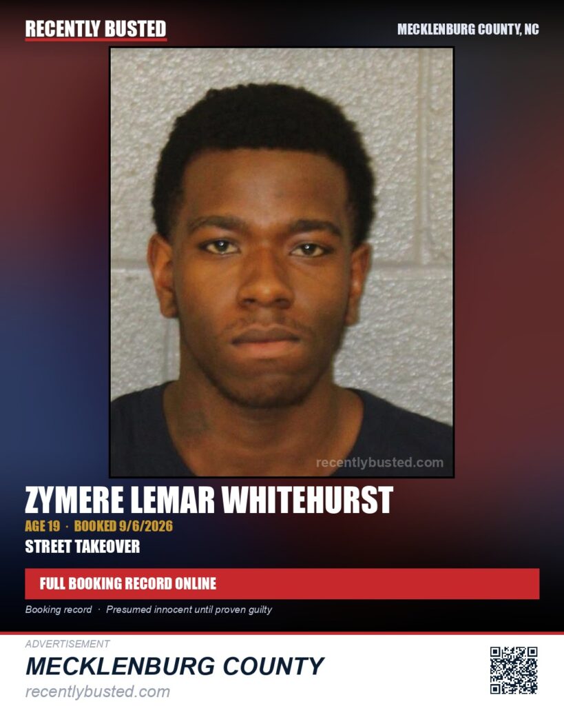 ZYMERE LEMAR WHITEHURST — arrest record card, Mecklenburg County, North Carolina