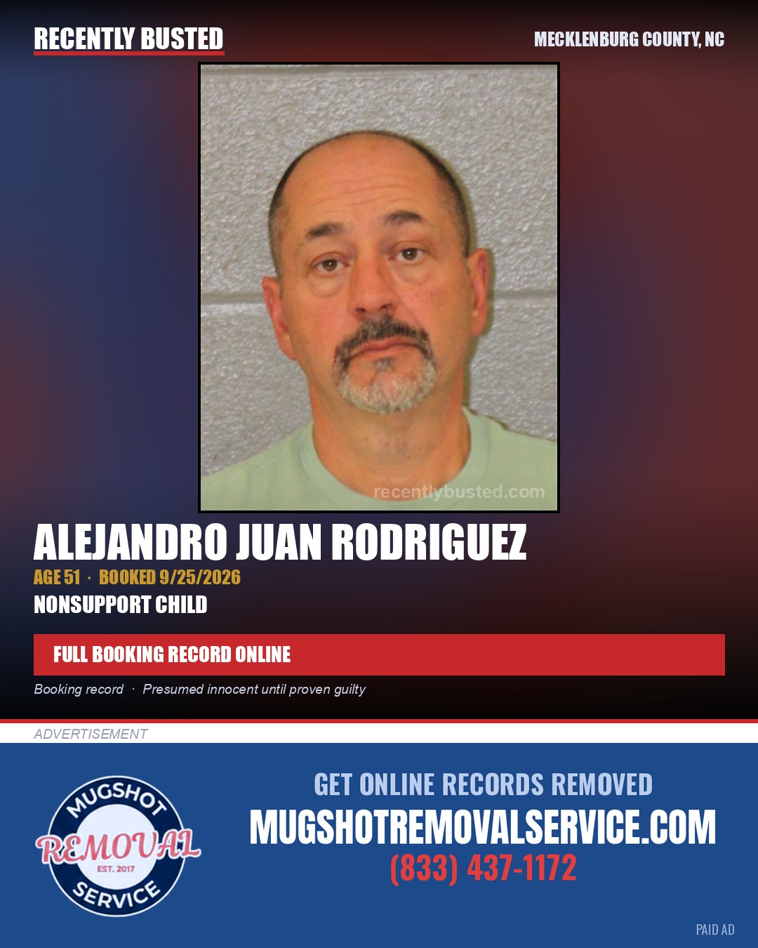 ALEJANDRO JUAN RODRIGUEZ — arrest record card, Mecklenburg County, North Carolina