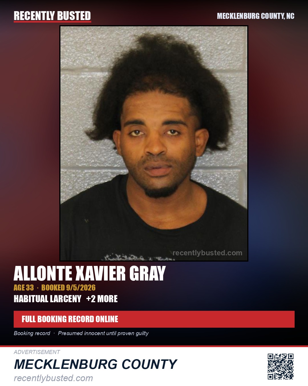 ALLONTE XAVIER GRAY — arrest record card, Mecklenburg County, North Carolina