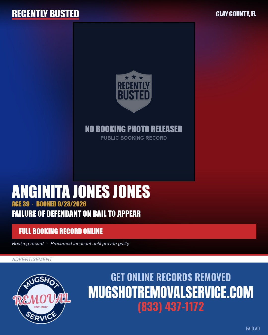 ANGINITA JONES JONES — arrest record card, Clay County, Florida