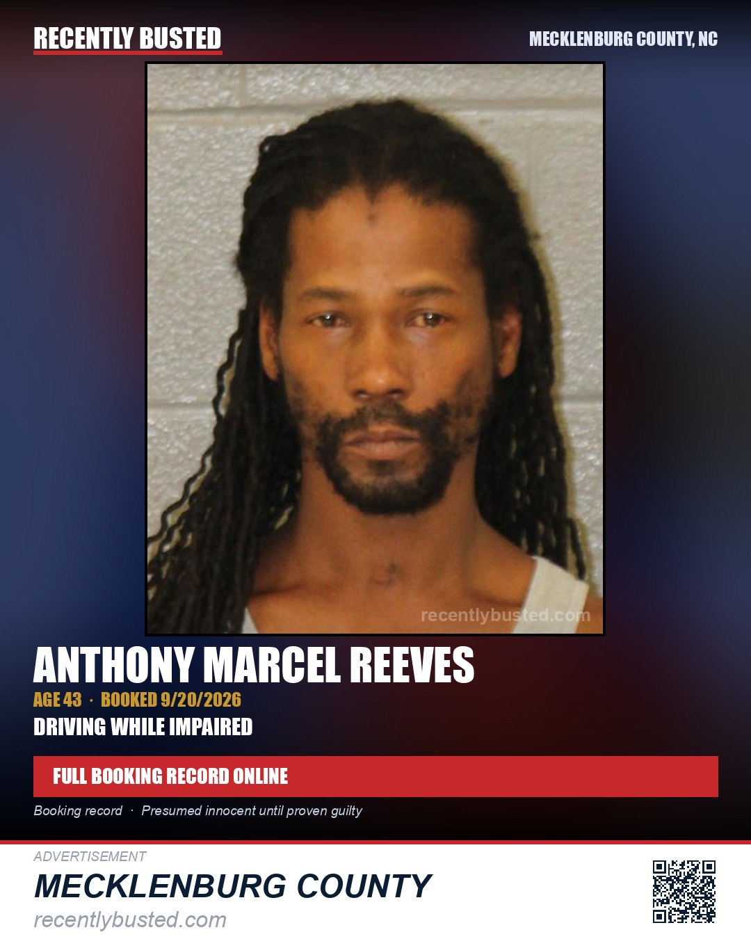 ANTHONY MARCEL REEVES — arrest record card, Mecklenburg County, North Carolina