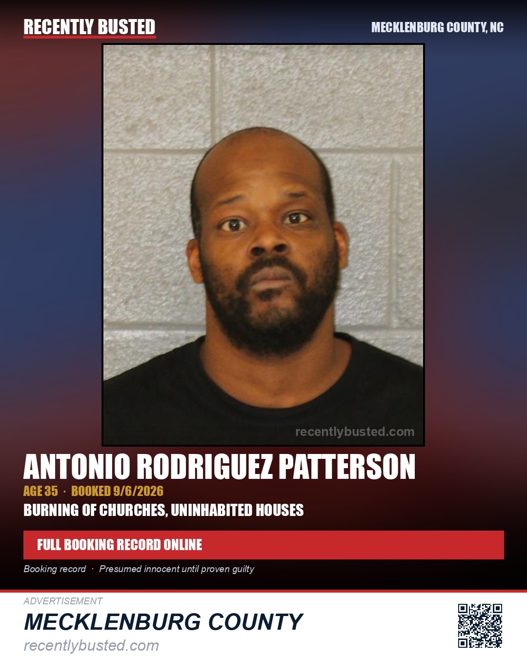 ANTONIO RODRIGUEZ PATTERSON — arrest record card, Mecklenburg County, North Carolina