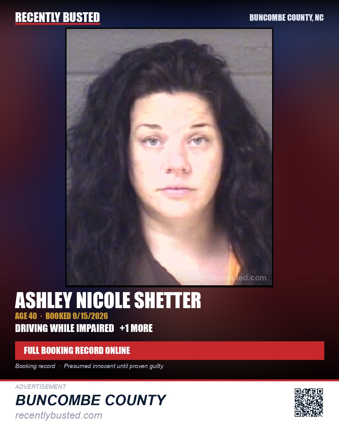 ASHLEY NICOLE SHETTER — arrest record card, Buncombe County, North Carolina