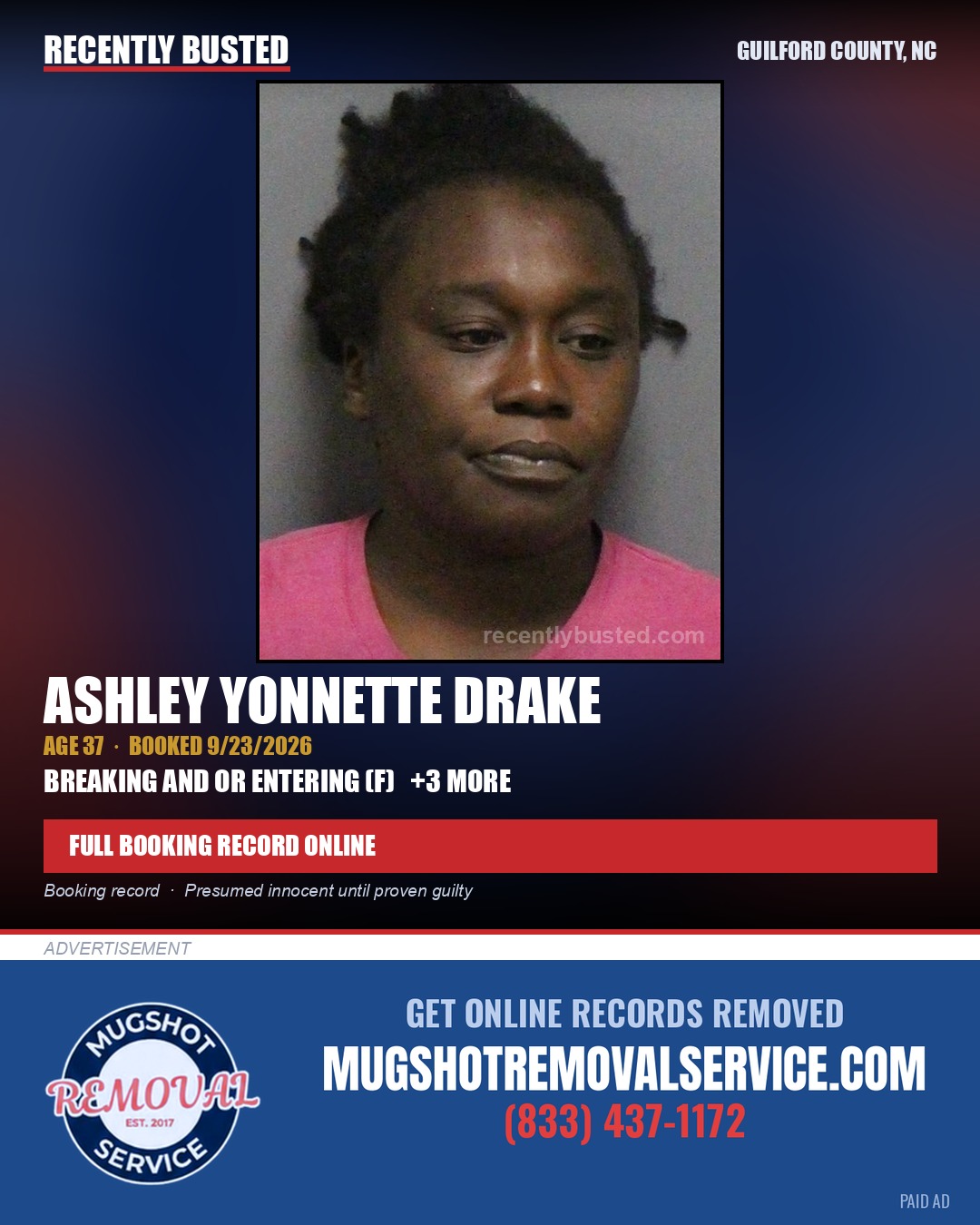 ASHLEY YONNETTE DRAKE — arrest record card, Guilford County, North Carolina