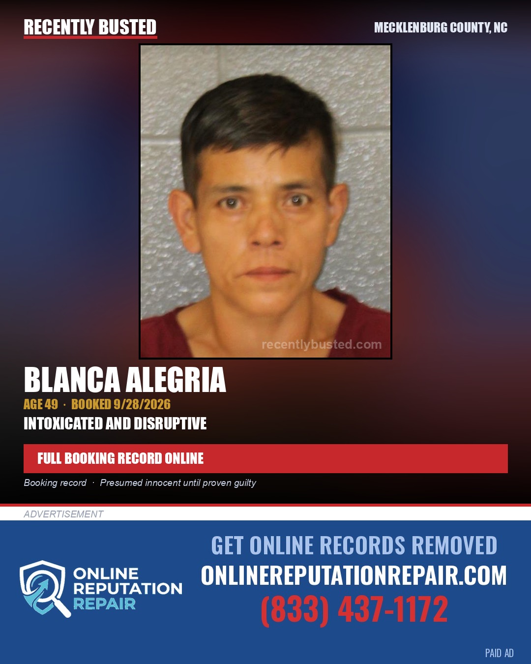BLANCA ALEGRIA — arrest record card, Mecklenburg County, North Carolina