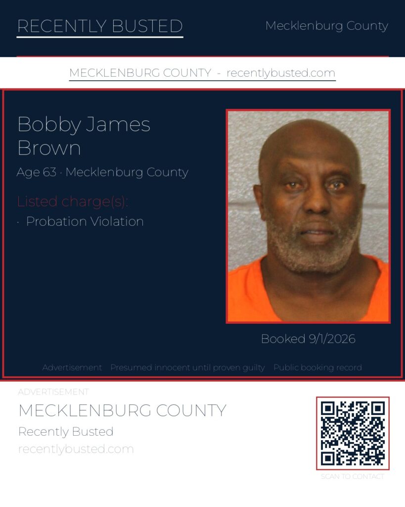 BOBBY JAMES BROWN — arrest record card, Mecklenburg County, North Carolina