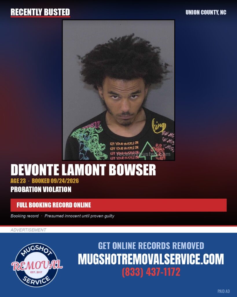 BOWSER, DEVONTE LAMONT — arrest record card, Union County, North Carolina