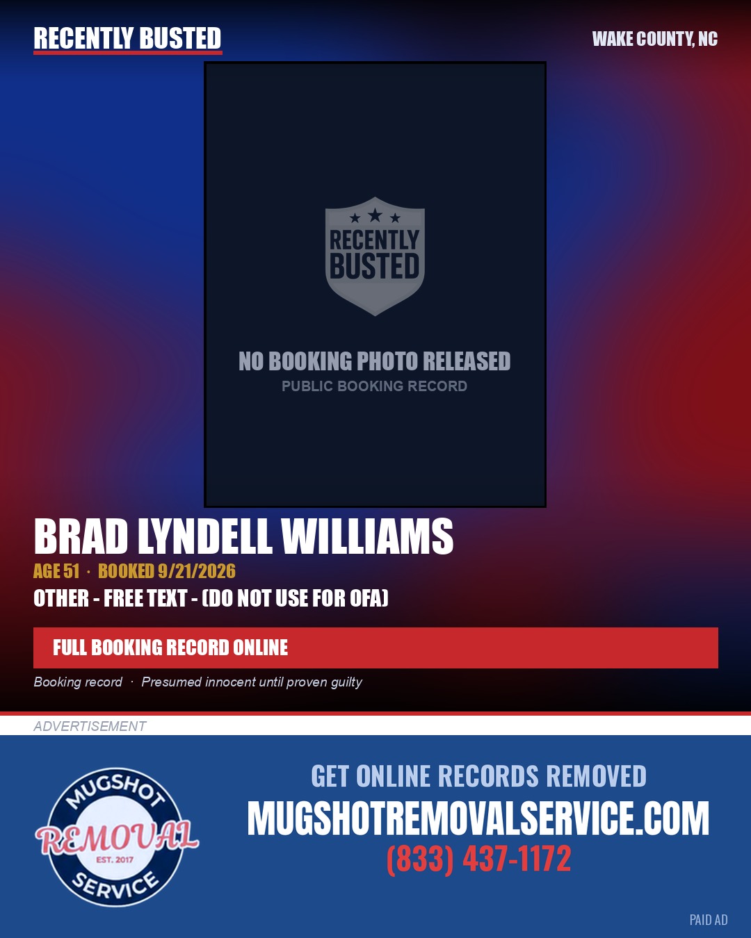 BRAD LYNDELL WILLIAMS — arrest record card, Wake County, North Carolina