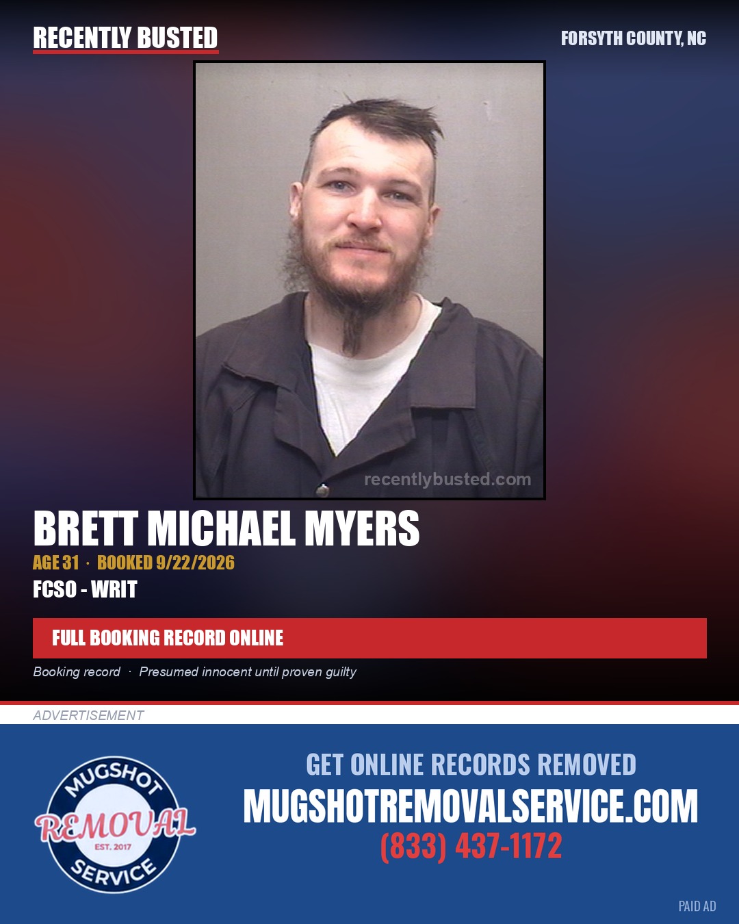 BRETT MICHAEL MYERS — arrest record card, Forsyth County, North Carolina