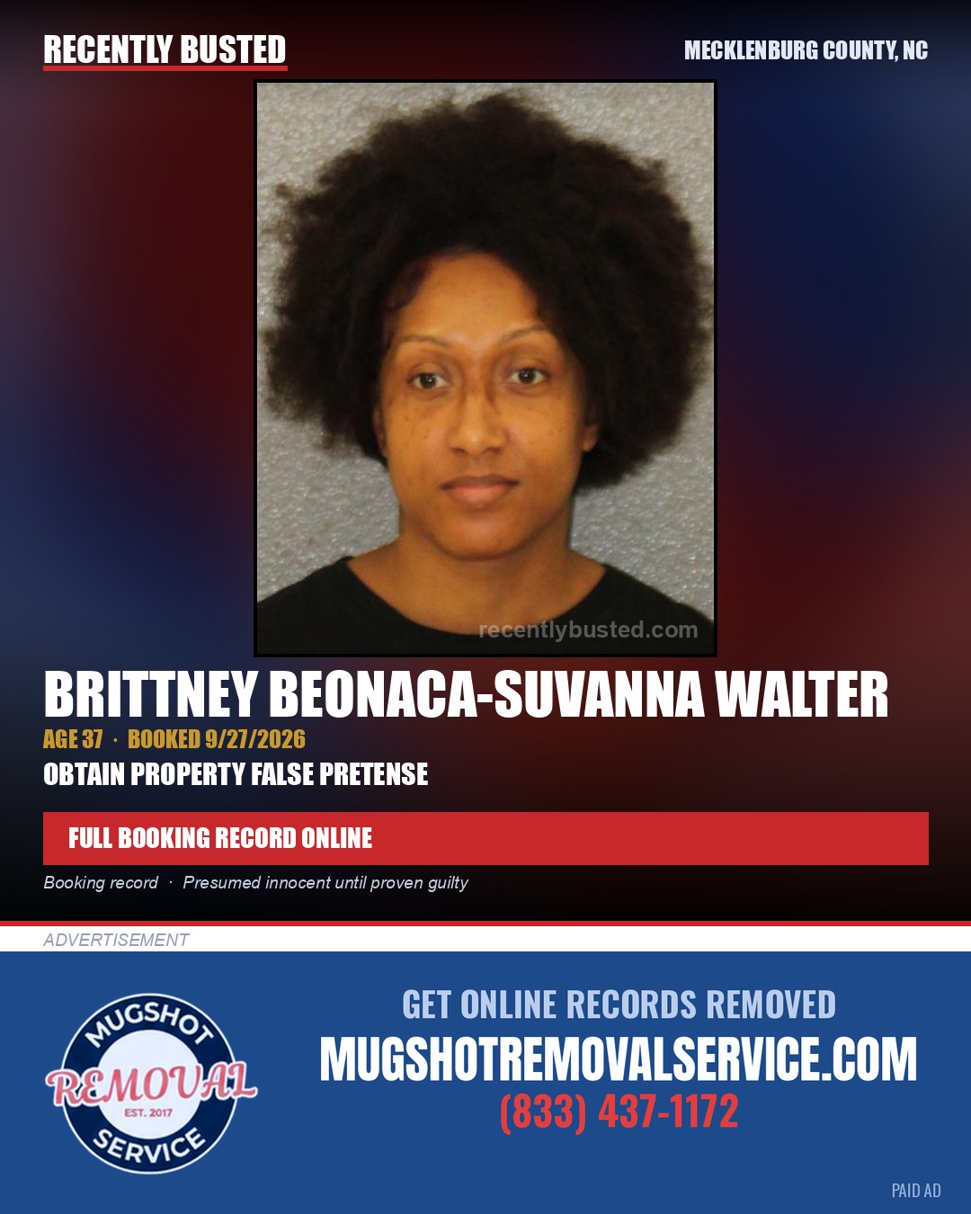 BRITTNEY BEONACA-SUVANNA WALTER — arrest record card, Mecklenburg County, North Carolina