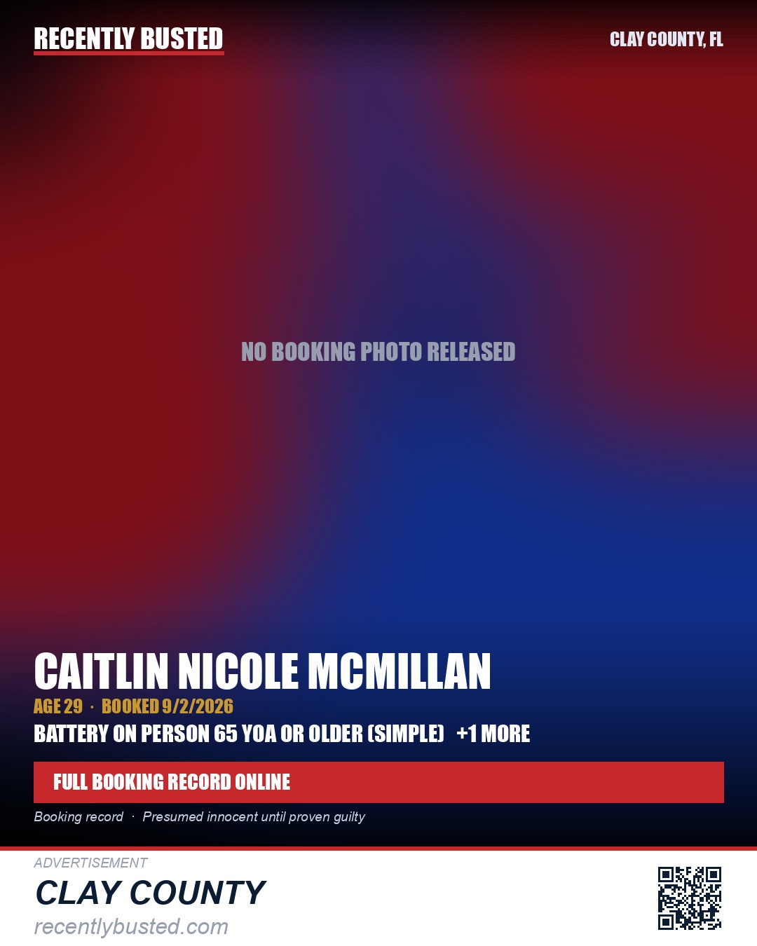 CAITLIN NICOLE MCMILLAN — arrest record card, Clay County, Florida
