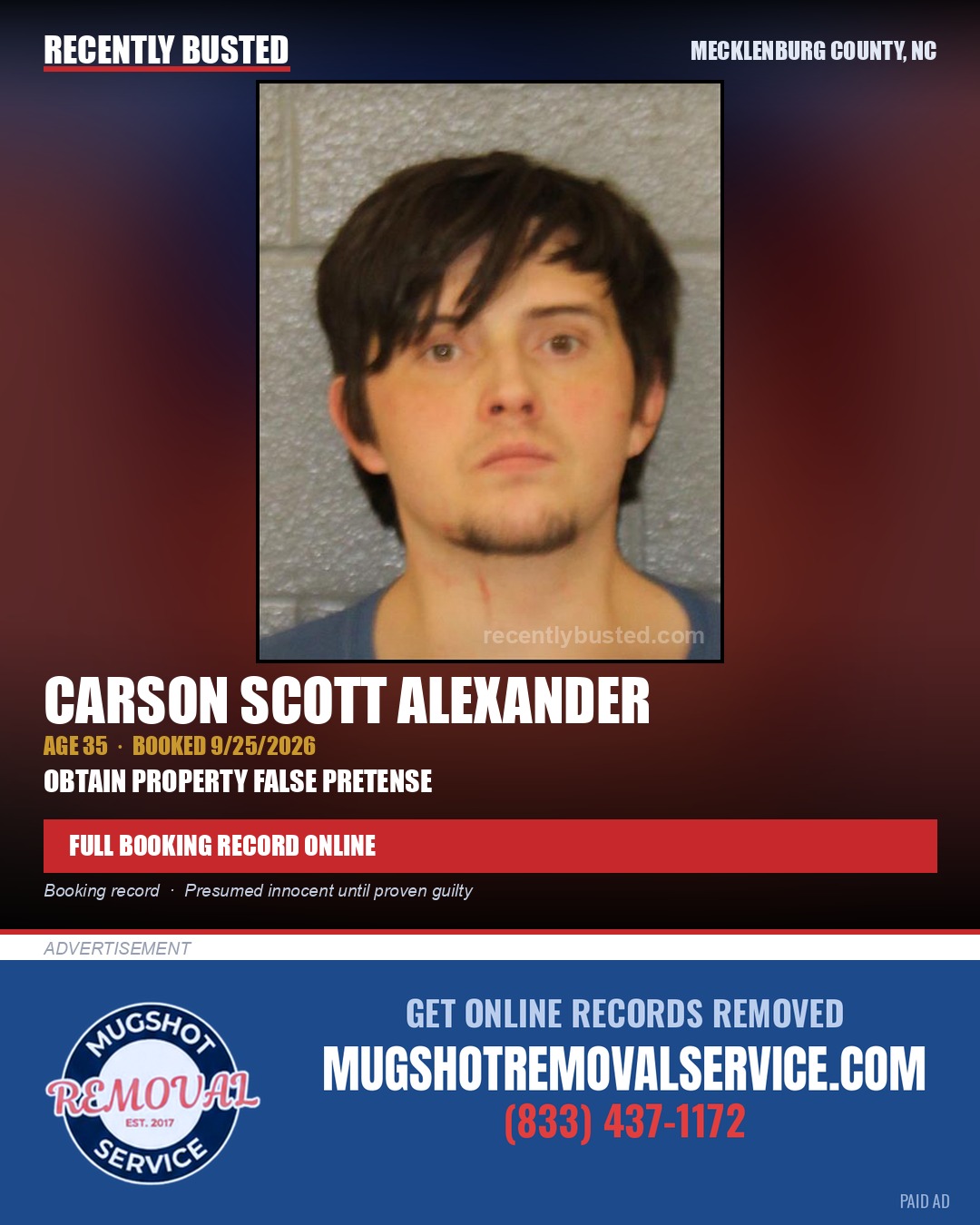 CARSON SCOTT ALEXANDER — arrest record card, Mecklenburg County, North Carolina
