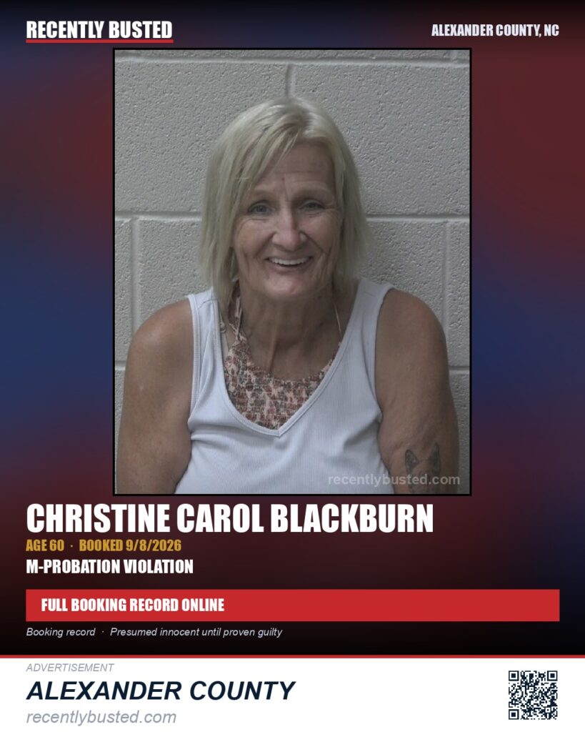 CHRISTINE CAROL BLACKBURN — arrest record card, Alexander County, North Carolina