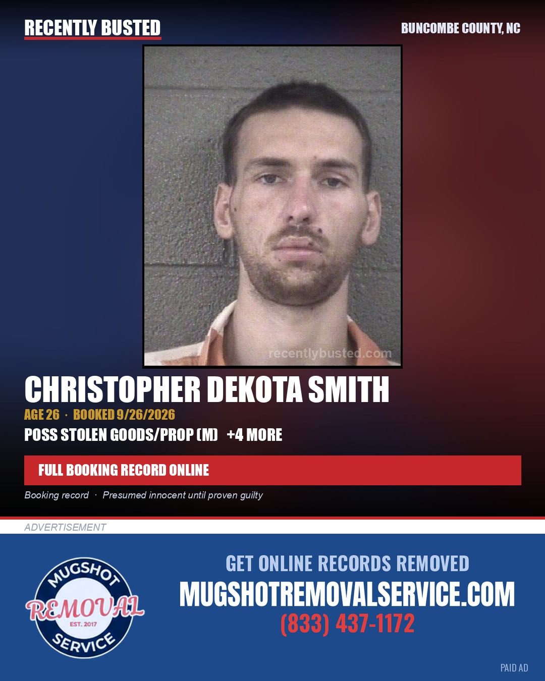 CHRISTOPHER DEKOTA SMITH — arrest record card, Buncombe County, North Carolina