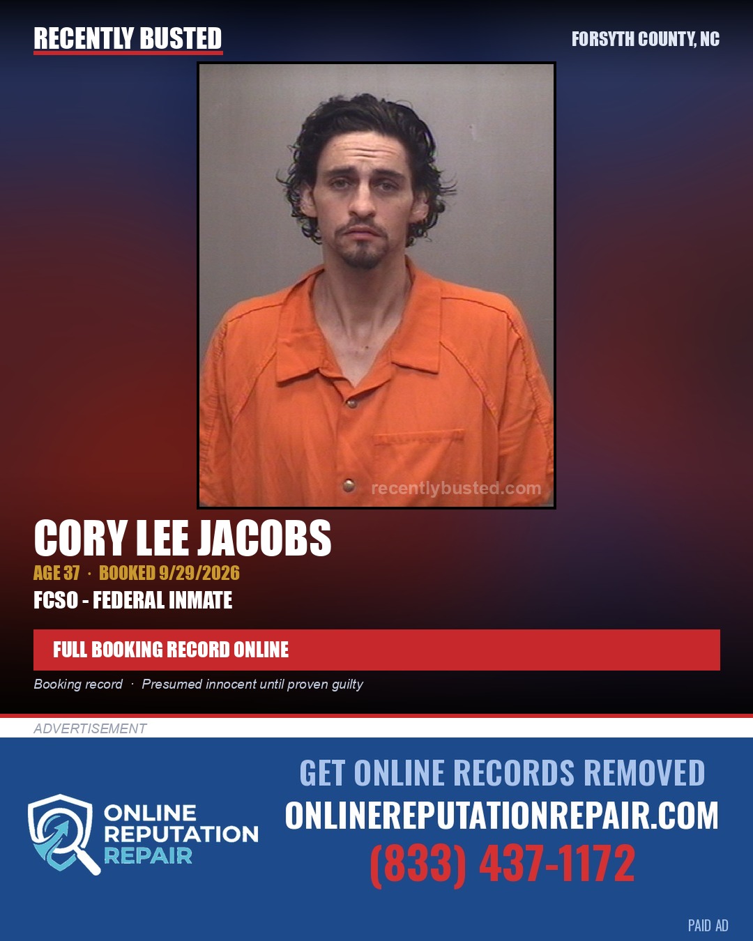 CORY LEE JACOBS — arrest record card, Forsyth County, North Carolina