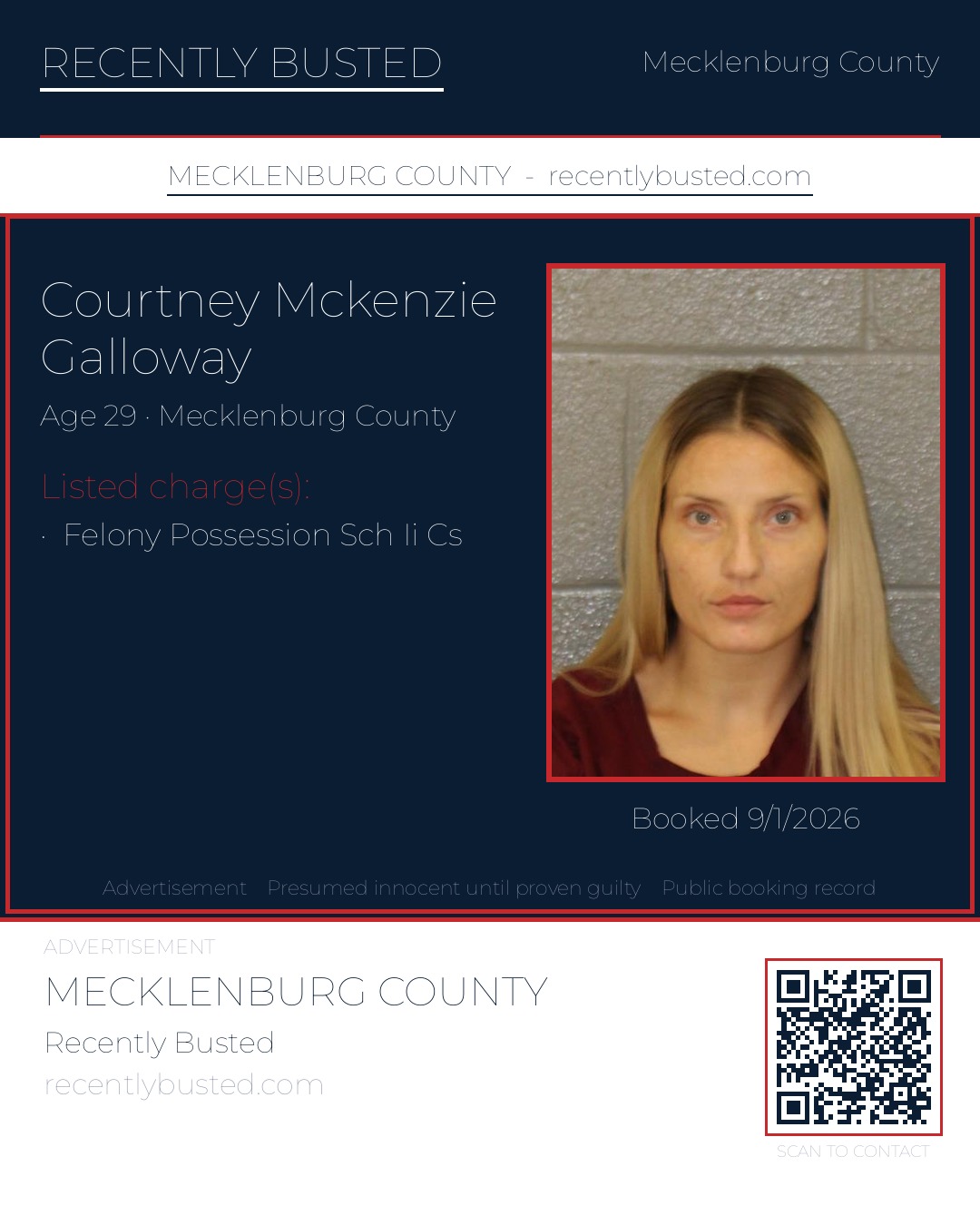 COURTNEY MCKENZIE GALLOWAY — arrest record card, Mecklenburg County, North Carolina