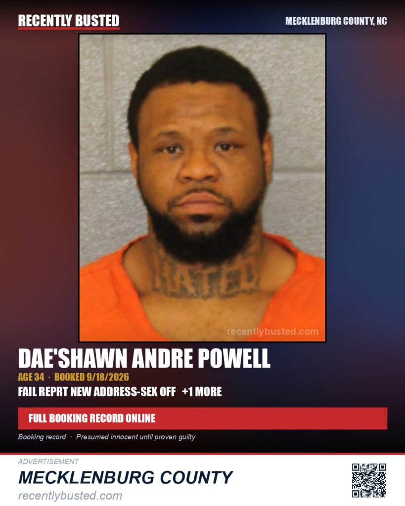 DAE’SHAWN ANDRE POWELL — arrest record card, Mecklenburg County, North Carolina