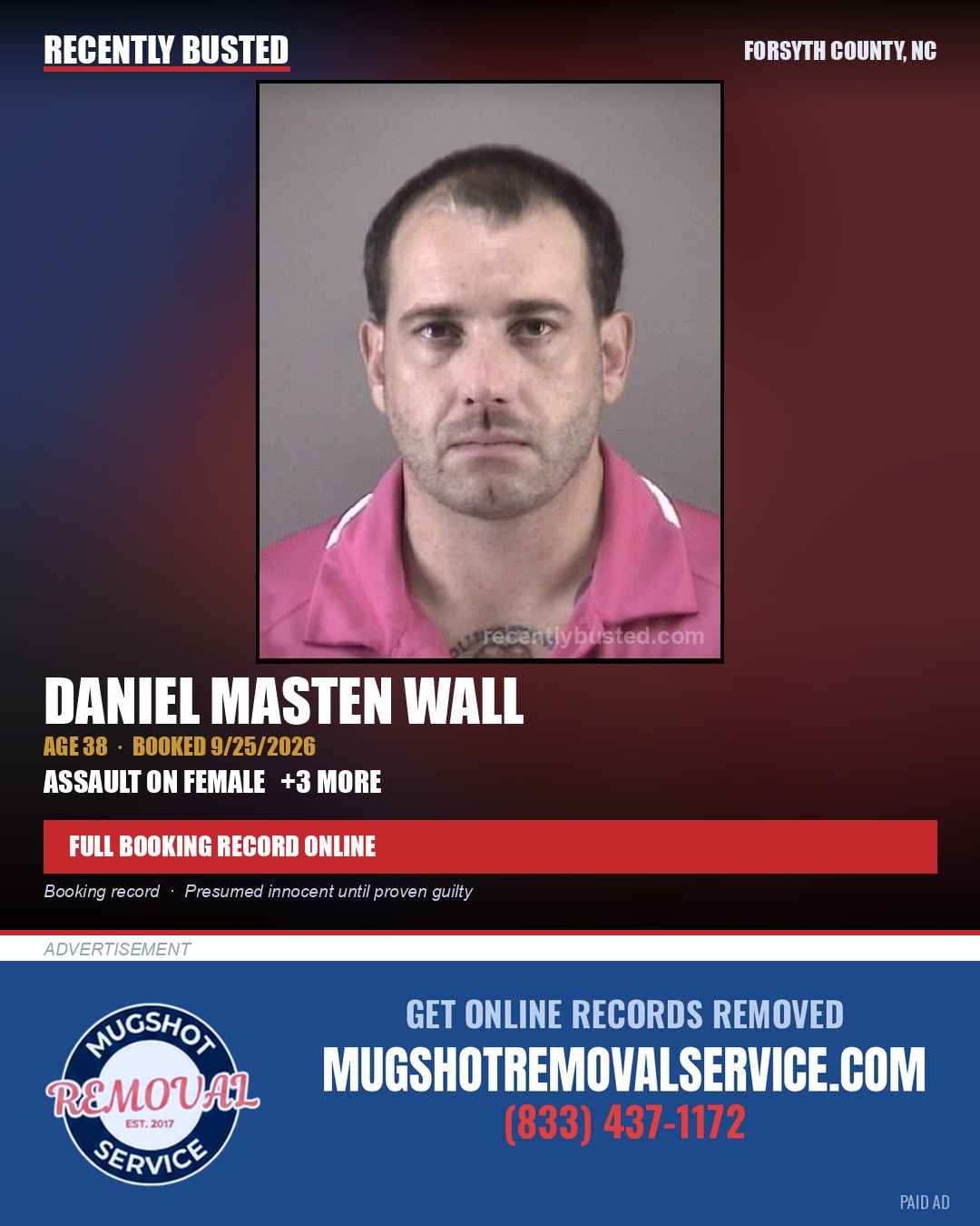DANIEL MASTEN WALL — arrest record card, Forsyth County, North Carolina