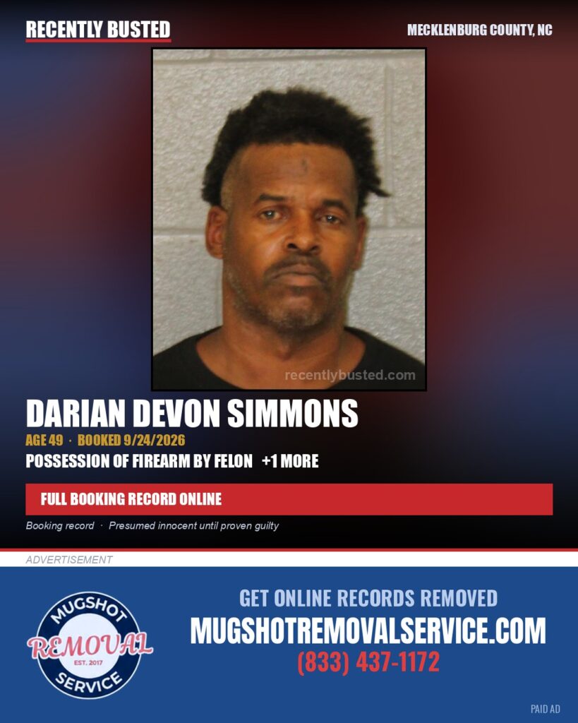 DARIAN DEVON SIMMONS — arrest record card, Mecklenburg County, North Carolina