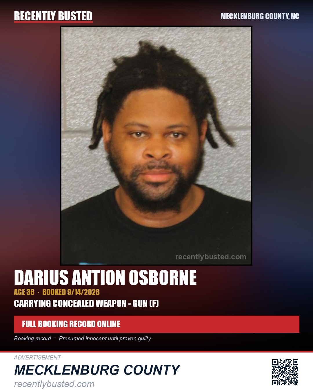 DARIUS ANTION OSBORNE — arrest record card, Mecklenburg County, North Carolina