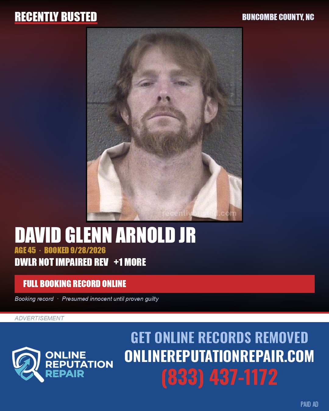 DAVID GLENN ARNOLD JR — arrest record card, Buncombe County, North Carolina