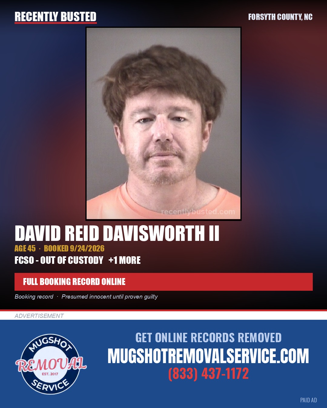 DAVID REID DAVISWORTH II — arrest record card, Forsyth County, North Carolina