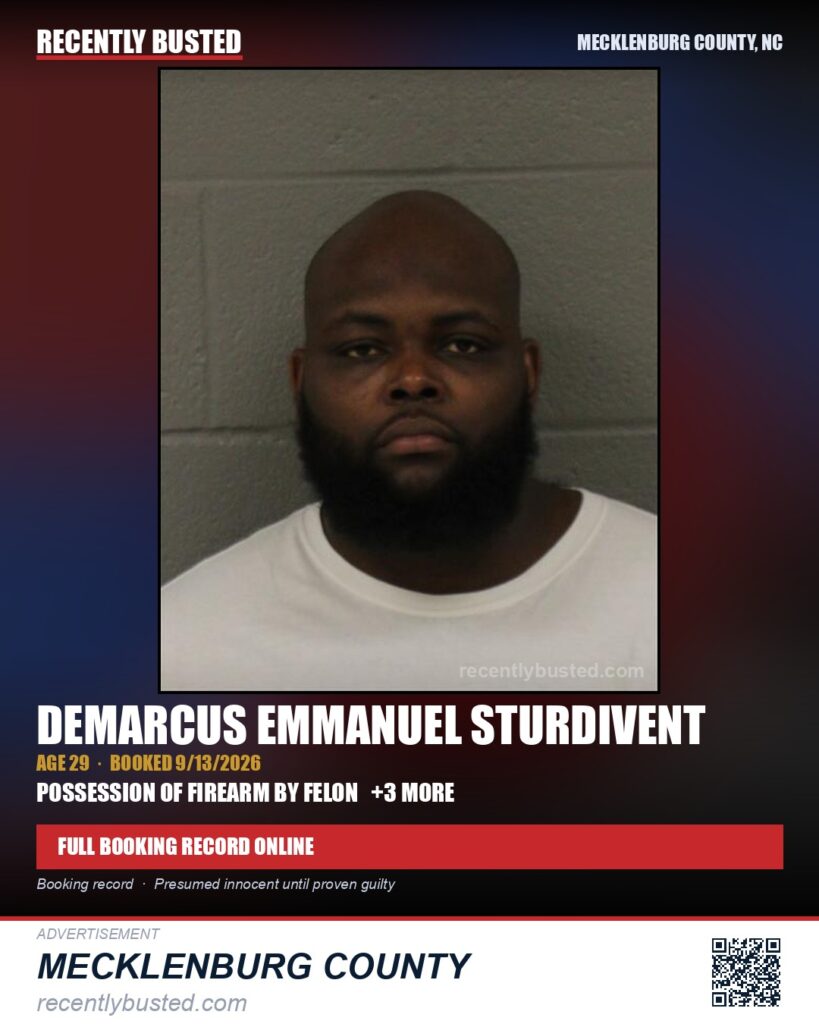 DEMARCUS EMMANUEL STURDIVENT — arrest record card, Mecklenburg County, North Carolina