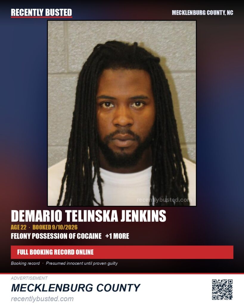 DEMARIO TELINSKA JENKINS — arrest record card, Mecklenburg County, North Carolina