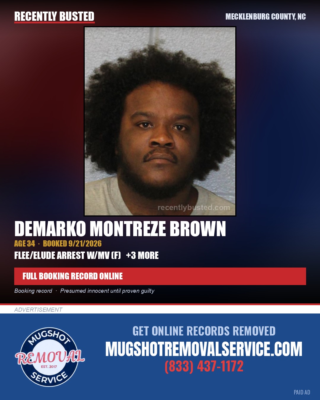 DEMARKO MONTREZE BROWN — arrest record card, Mecklenburg County, North Carolina