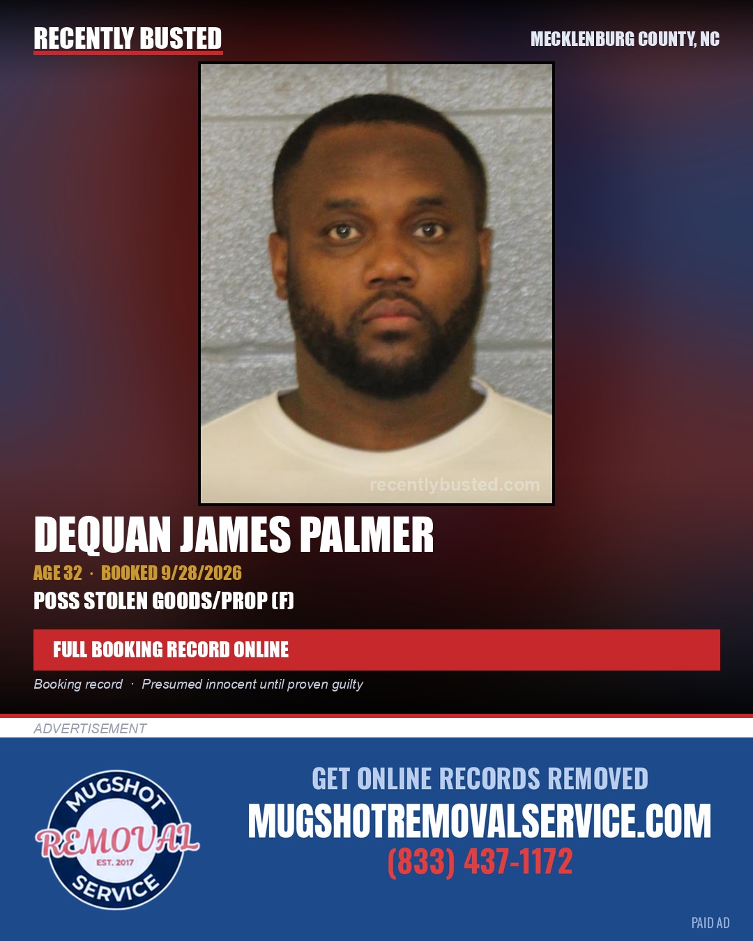 DEQUAN JAMES PALMER — arrest record card, Mecklenburg County, North Carolina