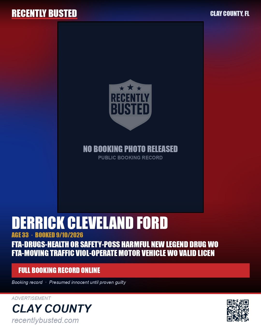 DERRICK CLEVELAND FORD — arrest record card, Clay County, Florida