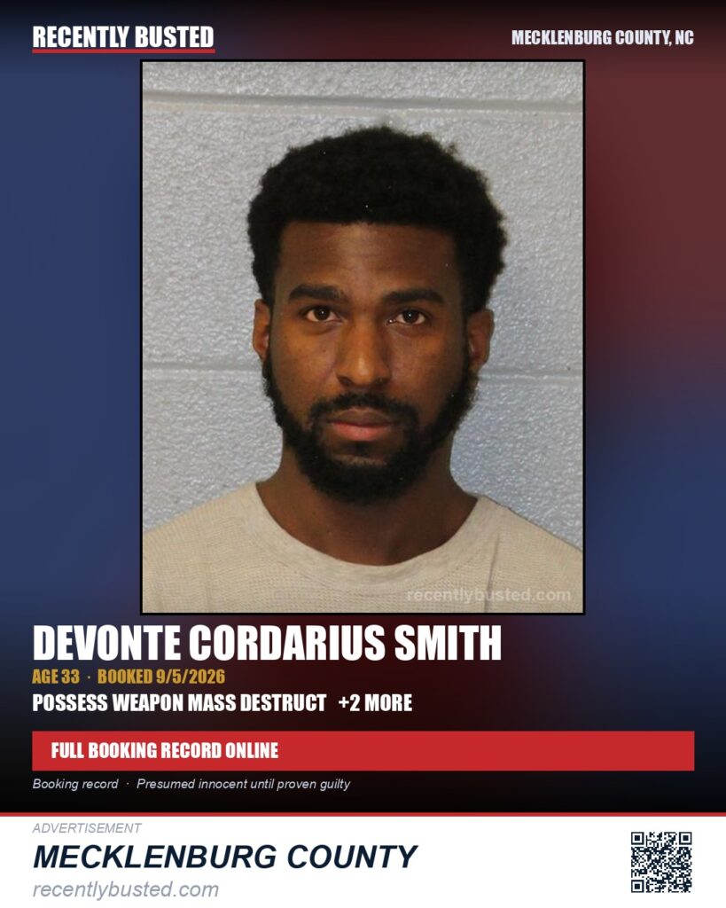 DEVONTE CORDARIUS SMITH — arrest record card, Mecklenburg County, North Carolina