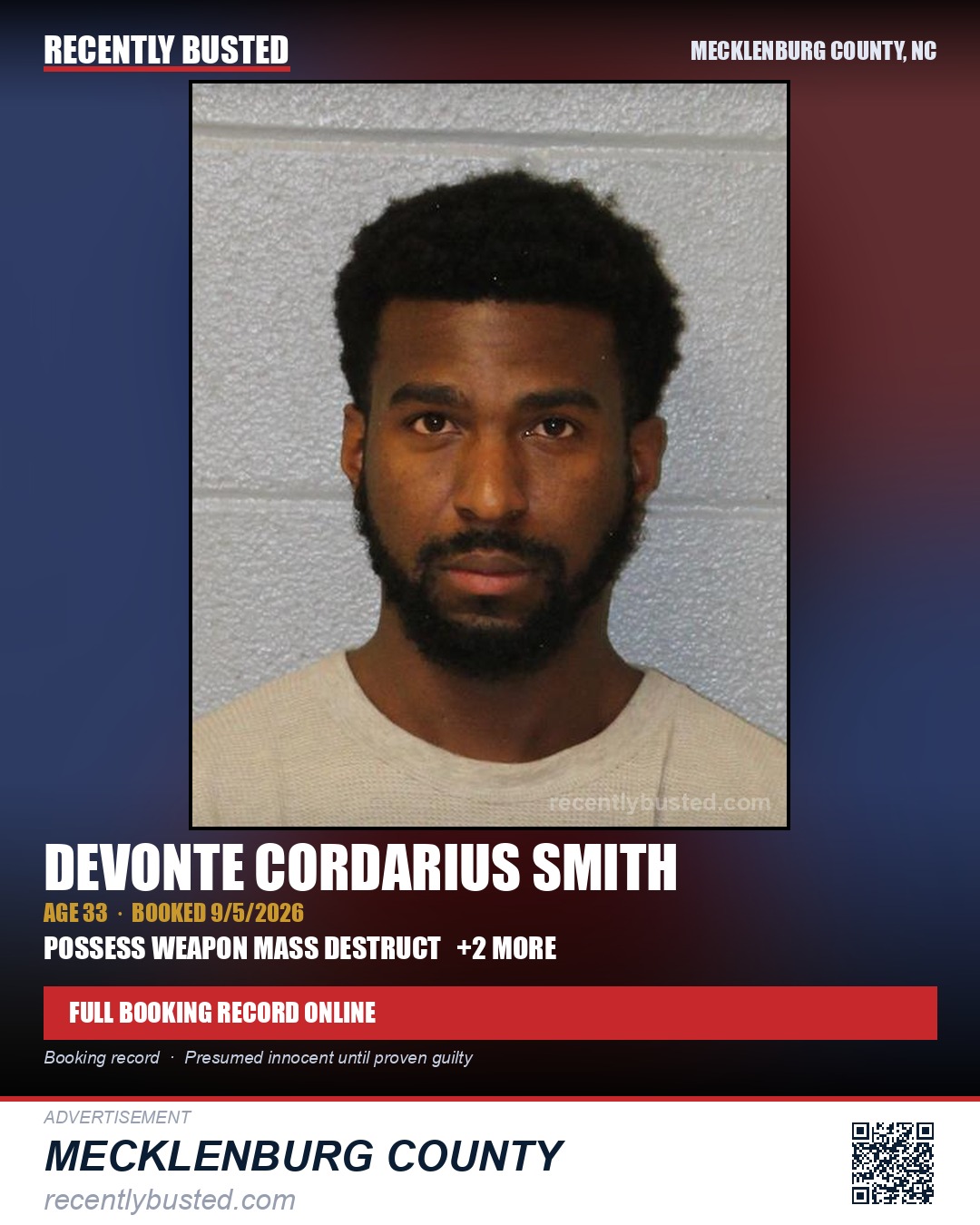 DEVONTE CORDARIUS SMITH — arrest record card, Mecklenburg County, North Carolina