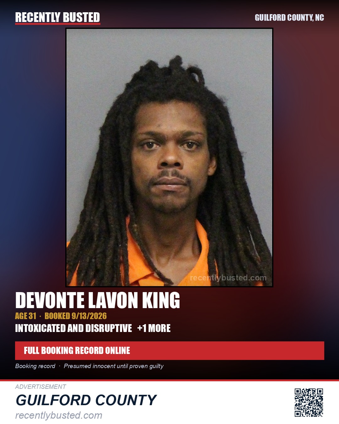 DEVONTE LAVON KING — arrest record card, Guilford County, North Carolina