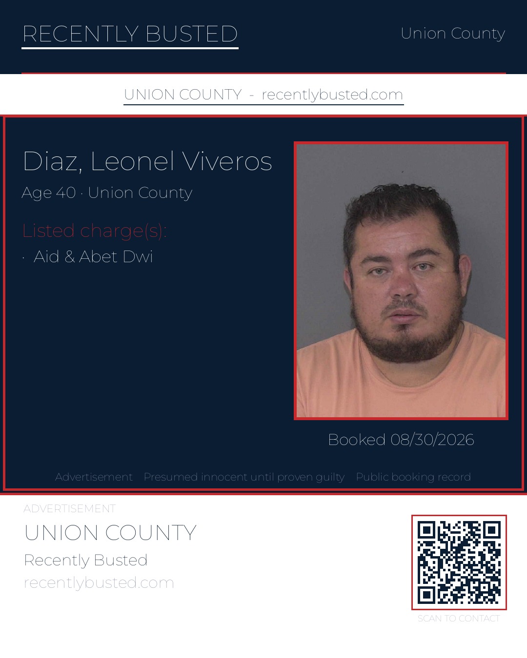 DIAZ, LEONEL VIVEROS — arrest record card, Union County, North Carolina