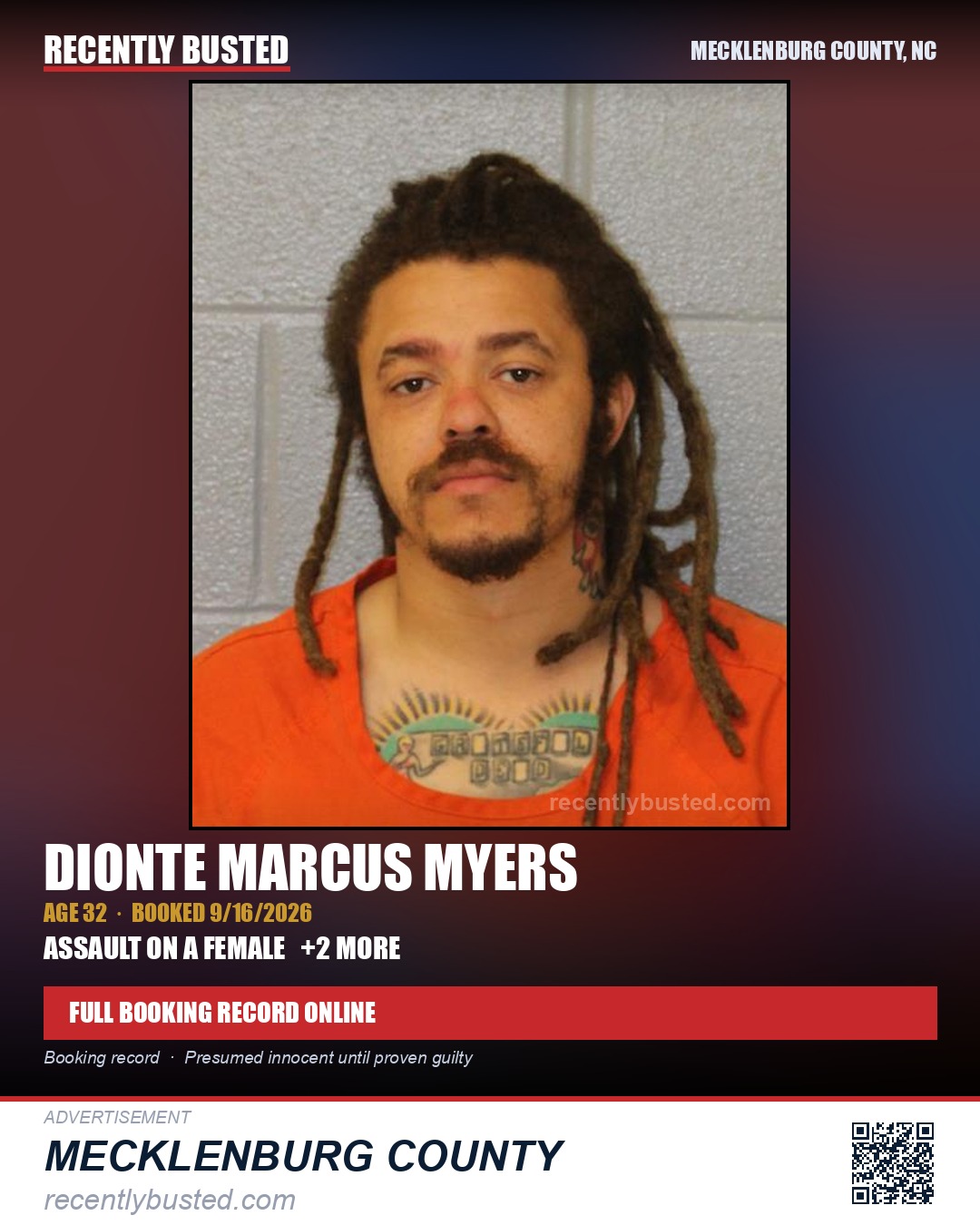 DIONTE MARCUS MYERS — arrest record card, Mecklenburg County, North Carolina