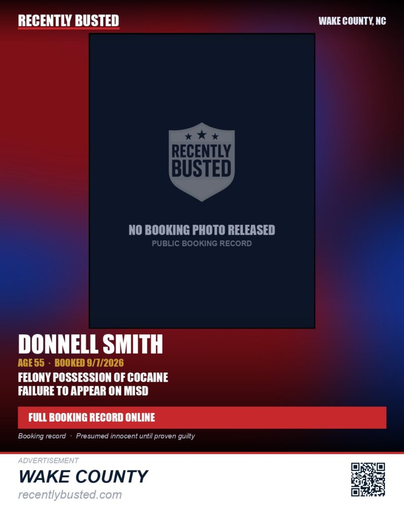 DONNELL SMITH — arrest record card, Wake County, North Carolina
